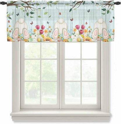 Easter Sheer Valances for Windows 60"x18", Light Filtering Kitchen Curtains Valance, Spring Watercolor Eggs Tulip Wooden Grain Teal Rod Pocket Chiffon Curtains for Living Room Bedroom Cafe