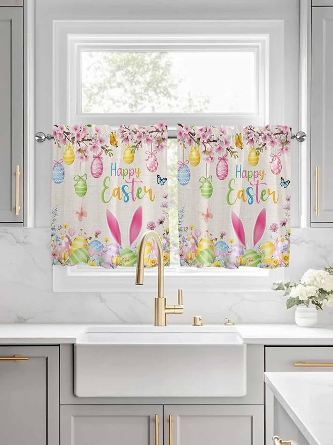 Happy Easter Half Window Curtains 24 Inches Long, Spring Farmhouse Bunny Eggs Flower Beige Window Treatment Curtain Drapes, Short Curtains Tiers for Kitchen Over Sink, 27.5"x24", 2 Panels