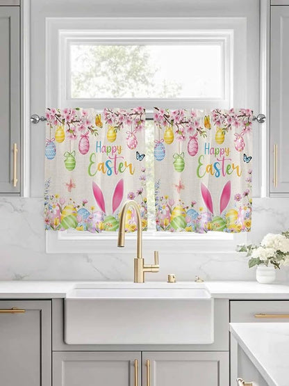 Happy Easter Half Window Curtains 24 Inches Long, Spring Farmhouse Bunny Eggs Flower Beige Window Treatment Curtain Drapes, Short Curtains Tiers for Kitchen Over Sink, 27.5"x24", 2 Panels