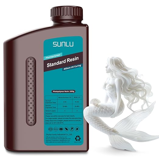 SUNLU 3D Printer Resin 1kg, Fast Curing Standard 3D Resin for LCD DLP SLA Resin 3D Printers, 395 to 405nm UV Curing 3D Printing Liquid Photopolymer Resin, Low Shrinkage, High Precision, 1000g, White