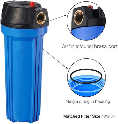 Geekpure 10-Inch Whole House Slim Water Filter Housing for 2.5" x 10" Filter - 3/4" NPT Brass Port - with Air Relief Valve-Blue (1)