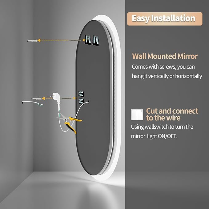 LUVODI Lighted LED Bathroom Mirror: 40x20IN Oval Anti-Fog Dimmable Wall Mounted Makeup Mirror with Backlit - Illuminated 3 Colors Vanity Mirrors with Demister Pad Smart Touch Switch Memory Foam