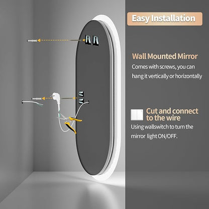 LUVODI Smart LED Bathroom Mirror: 35”x24” Large Wall Mounted Oval Vanity Mirror Dimmable Lighted Makeup Mirror with Backlit Memory Function