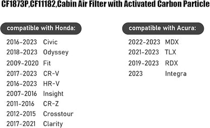 CF11182 Cabin Air Filter with activated carbon particle for Honda,2016-2023 Civic,Clarity,2017-2023 CR-V,CR-Z,2009-2020 Fit,HR-V,2010-2022 Insight,2018-2023 Odyssey,Acura,Integra,MDX,RDX,TLX,