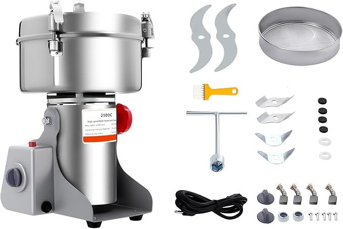 Electric Grain Mill, 2500g Capacity High-speed Grain Mill Grinder, Food-grade Stainless Steel Cereals Corn Flour Pulverizer Powder Machine for Dry Spice Herbs Grains Coffee Rice Pepper