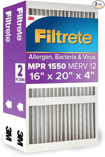Filtrete 16x20x4 AC Furnace Air Filter, MPR 1550, MERV 12, Fits Lennox & Honeywell, Allergen, Electrostatic Air Cleaning Filter, 2-Pack (Actual Size 15.88x19.88x4.31 in)