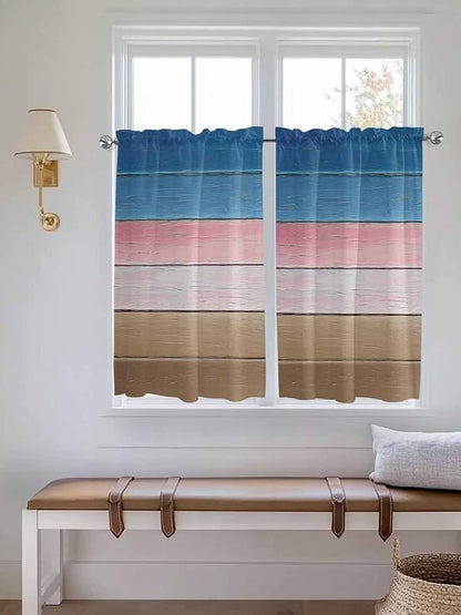 Blue Pink Brown Gradient Wood Grain Window Valance Curtains, Vintage Wood Board Light Filtering Kitchen Valance with 3-inch Rod Pocket for Living Room Bathroom Bedroom,2 Panel,27.5x45In