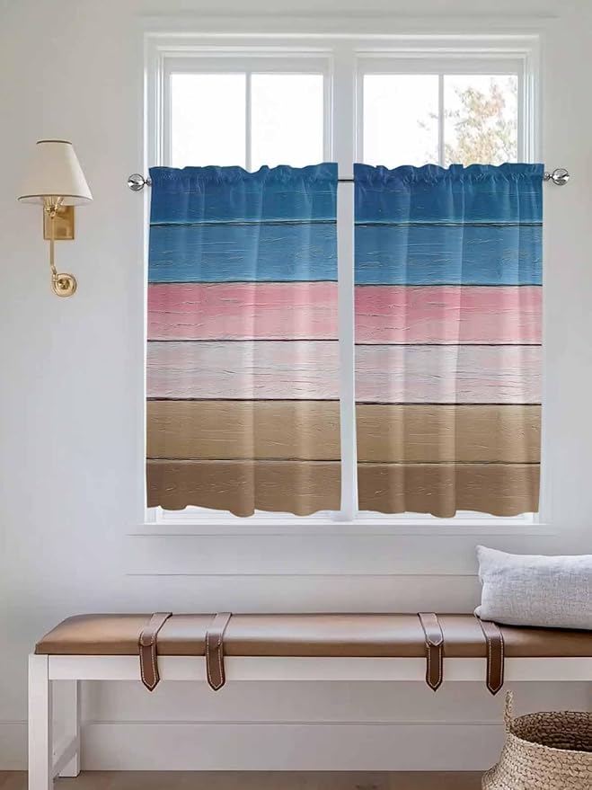 Blue Pink Brown Gradient Wood Grain Window Valance Curtains, Vintage Wood Board Light Filtering Kitchen Valance with 3-inch Rod Pocket for Living Room Bathroom Bedroom,2 Panel,52x54In