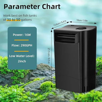 Turtle Tank Filter Internal Power Aquarium Filter Low Water Level Biofiltration 290GPH Large Fish Tank Filter for 30 to 55 Gallon Aquarium Turtle Shrimp Frog