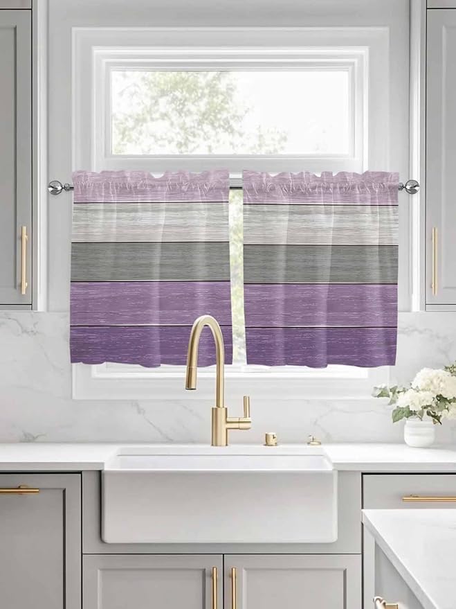 Country Wood Board Gray Purple Window Valance Curtains, Farmhouse Gradient Plank Light Filtering Kitchen Valance with 3-inch Rod Pocket for Living Room Bathroom Bedroom,2 Panel,27.5x24In