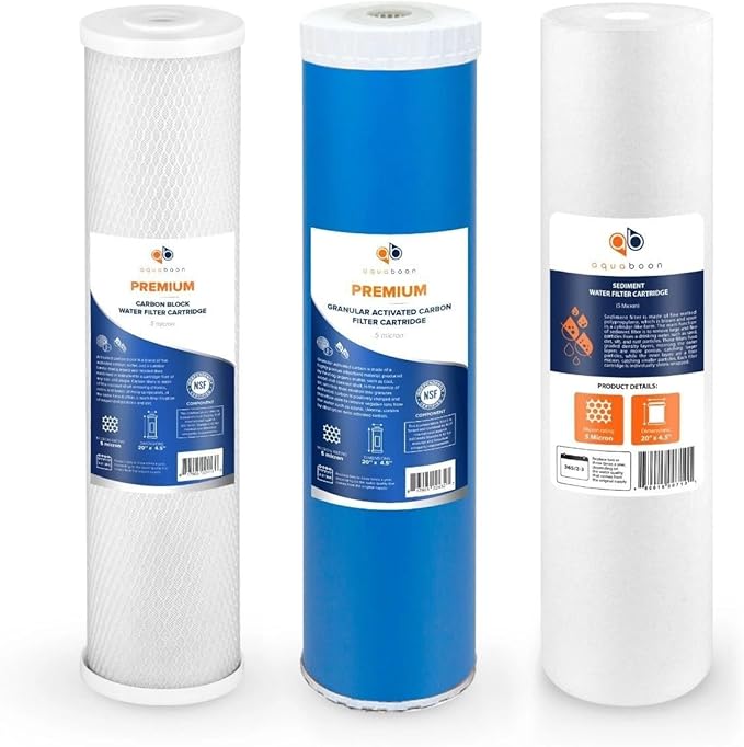 Aquaboon 5 Micron 20 x 4.5 Whole House Water Filter Replacement Cartridge Set: Sediment, GAC & Carbon Filters for 3-Stage Water Filtration System 1 Pack
