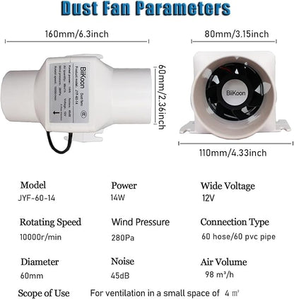 Small Inline Duct Fan 12V 2.36 Inch 60Mm Ventilation Exhaust Booster 14W 58 Cfm Intake Extractor Blower for Carbon Filter Grow Tent Room (Color : Adjustable Speed, Size : 14w)