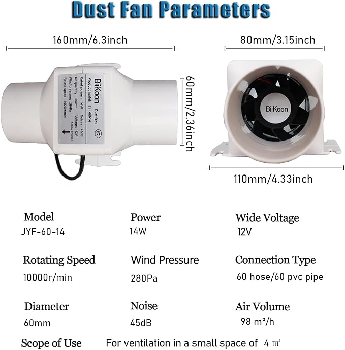 2.36”Inline Duct Fan 12V Dc Ventilation Exhaust Fan Small Hydroponics Blower 60Mm Mini Air Diffuser Booster for Heating Cooling Grow Tents (Color : NO Adjustable Speed, Size : 14w)