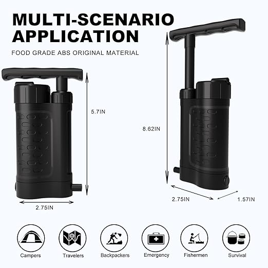 Portable Water Filter Pump, 0.01 Micron Manual Survival Water Purifier for Camping Hiking Backpacking Emergency, Fast Flow Removes Harmful Substances & Sediment (k8188 Black)