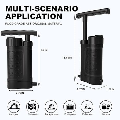 Portable Water Filter Pump, 0.01 Micron Manual Survival Water Purifier for Camping Hiking Backpacking Emergency, Fast Flow Removes Harmful Substances & Sediment (k8188 Black)