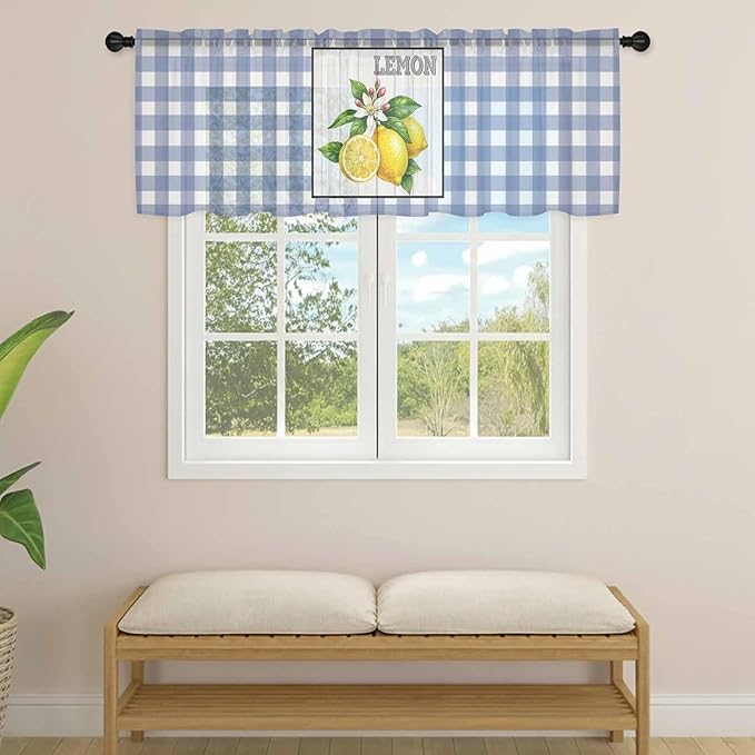Lemon Sheer Valance Curtains, Summer Fruit Floral Wood Grain Blue Plaid Light Filtering Kitchen Valances Rod Pocket Voile Curtain Window Treatment for Bedroom/Living Room/Basement 42Wx12L