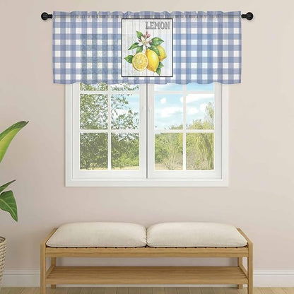 Lemon Sheer Valance Curtains, Summer Fruit Floral Wood Grain Blue Plaid Light Filtering Kitchen Valances Rod Pocket Voile Curtain Window Treatment for Bedroom/Living Room/Basement 42Wx12L