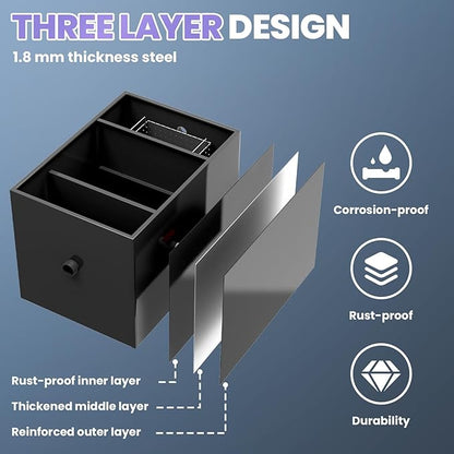 40 LBS Grease Trap Commercial Carbon Steel Grease Interceptor, 15 GPM Flow Rate Under Sink Model, Dual Filter Tube for Restaurant Home Kitchen Food Processing Wastewater Separation