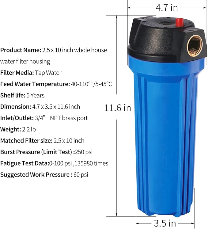 Geekpure 10-Inch Whole House Slim Water Filter Housing for 2.5" x 10" Filter - 3/4" NPT Brass Port - with Air Relief Valve-Blue (1)