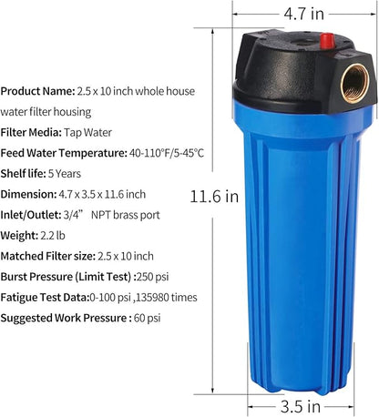 Geekpure 10-Inch Whole House Slim Water Filter Housing for 2.5" x 10" Filter - 3/4" NPT Brass Port - with Air Relief Valve-Blue (1)