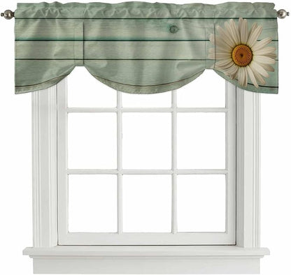 Daisy Flower Tie Up Valance Curtains for Windows, Kitchen Curtains Window Shades, Modern Art Floral Farmhouse Teal Wooden Grain Light Filtering Roman Curtain Valances for Bedroom/Bathroom/Cafe 54"x18"