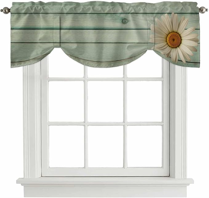 Daisy Flower Tie Up Valance Curtains for Windows, Kitchen Curtains Window Shades, Modern Art Floral Farmhouse Teal Wooden Grain Light Filtering Roman Curtain Valances for Bedroom/Bathroom/Cafe 60"x18"