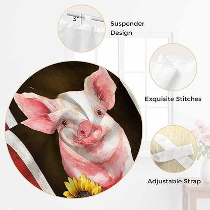 Pigs Sunflowers Bedroom Curtains 72 Inch Length, Window Curtains Tab Top, Farmhouse Red Barn Flowers Animals Light Filtering Window Treatments Drapes 52"x72" 2 Panel