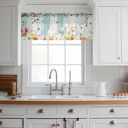 Easter Sheer Valances for Windows 42"x12", Light Filtering Kitchen Curtains Valance, Spring Watercolor Bunny Eggs Tulip Wooden Grain Rod Pocket Chiffon Curtains for Living Room Bedroom Cafe