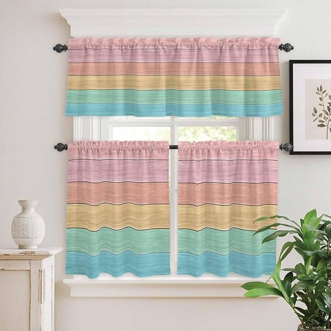 Kitchen Window Curtains Valance and Tier Set, Farm Colorful Wooden Plank Rod Pocket Tier Curtain Valance Set, Rustic Wood Grain Barn Light Filtering Cafe Curtains for Bedroom Living Room