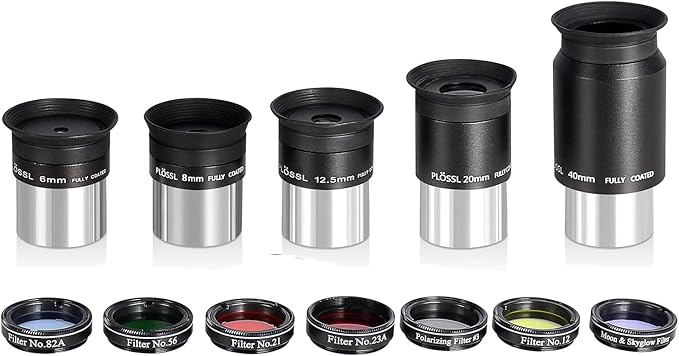 Telescope Accessory Kit - 1.25" Telescope Eyepiece and Filter Set with a Sturdy Carry Case - Five Plossl Eyepieces, 2X Barlow Lens and Seven Filters