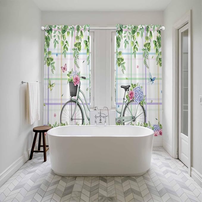 Spring Kitchen Curtains, Bicycles Botanical Leaves Rose Colorful Stripes Light Filtering Window Curtain Panels, 2Pcs Rod Pocket Window Treatments Set for Living Room Bathroom Bedroom 52x72 Inches