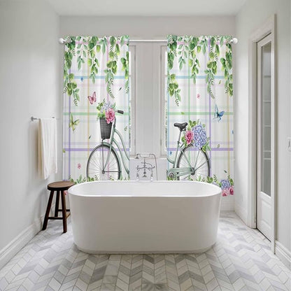 Spring Kitchen Curtains, Bicycles Botanical Leaves Rose Colorful Stripes Light Filtering Window Curtain Panels, 2Pcs Rod Pocket Window Treatments Set for Living Room Bathroom Bedroom 52x72 Inches