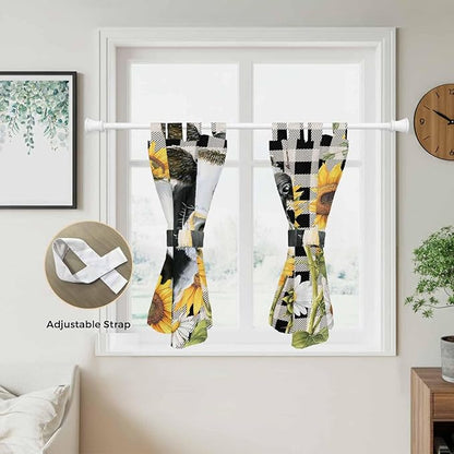 Retro Sunflowers Bedroom Curtains 63 Inch Length, Window Curtains Tab Top, Farmhouse Floral Cow Butterfly Black Plaid Light Filtering Window Treatments Drapes 42"x63" 2 Panel