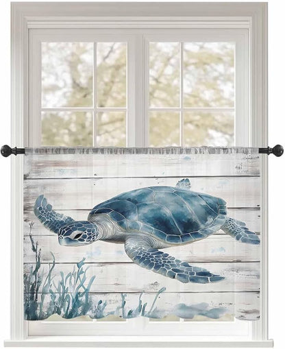 Sheer Curtains 54 Inch Length, Ocean Sea Turtle Semi Sheer Curtains Light Filtering Window Treatment, Coastal Seaweed Vintage Wood Grain Privacy Voile Drapes for Living Room Bedroom 52x54 Inch