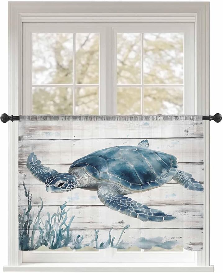Sheer Curtains 45 Inch Length, Ocean Sea Turtle Semi Sheer Curtains Light Filtering Window Treatment, Coastal Seaweed Vintage Wood Grain Privacy Voile Drapes for Living Room Bedroom 52x45 Inch