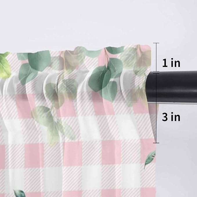 Easter Sheer Valances for Windows 42"x12", Light Filtering Kitchen Curtains Valance, Spring Watercolor Bunny Eggs Flower Leaf Pink Plaid Rod Pocket Chiffon Curtains for Living Room Bedroom Cafe