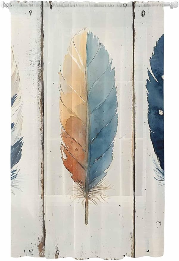 Sheer Curtains 108 Inches Long, Blue Brown Feathers Semi Sheer Curtains Light Filtering Window Treatment, Boho Ombre Vintage Wooden Grain Privacy Voile Drapes for Living Room Bedroom 52x108 Inch