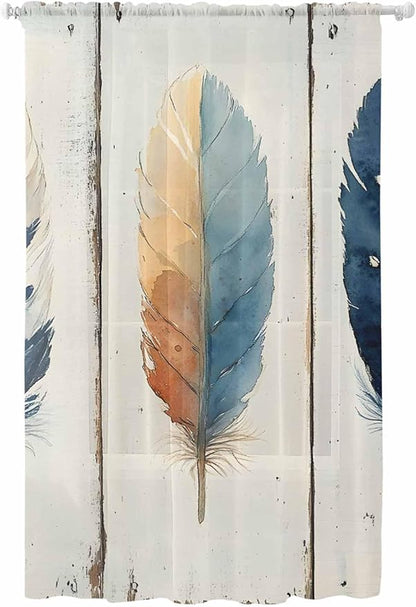 Sheer Curtains 108 Inches Long, Blue Brown Feathers Semi Sheer Curtains Light Filtering Window Treatment, Boho Ombre Vintage Wooden Grain Privacy Voile Drapes for Living Room Bedroom 52x108 Inch