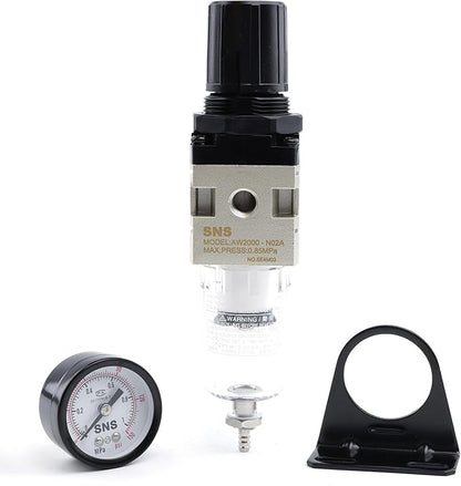 SNS Compressed Air Filter Regulator Piggyback Combo 1/4”NPT- Semi-auto Drain, Bracket, Gauge Poly Bowl AW2000-N02A