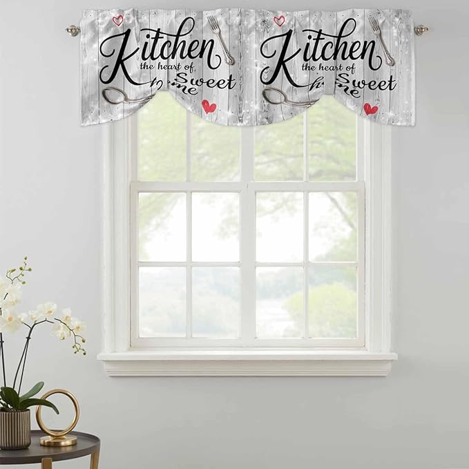 Kitchen Knife Fork Tie Up Valance Curtains for Windows, Kitchen Curtains Window Shades, Vintage Love Heart Grey Wood Grain Light Filtering Roman Curtain Valances for Bedroom/Bathroom/Cafe 42"x18"