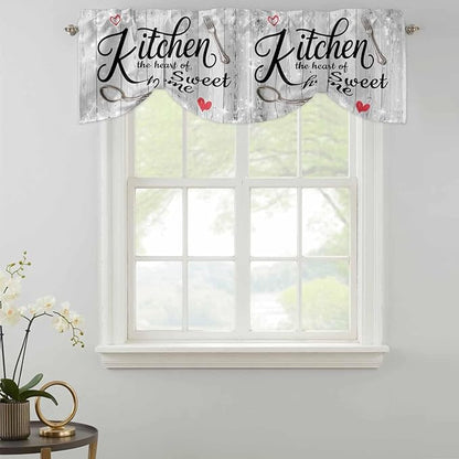 Kitchen Knife Fork Tie Up Valance Curtains for Windows, Kitchen Curtains Window Shades, Vintage Love Heart Grey Wood Grain Light Filtering Roman Curtain Valances for Bedroom/Bathroom/Cafe 42"x18"