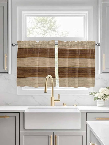 Retro Country Brown Wooden Board Window Valance Curtains, Farmhouse Gradient Plank Light Filtering Kitchen Valance with 3-inch Rod Pocket for Living Room Bathroom Bedroom,2 Panel,27.5x24In