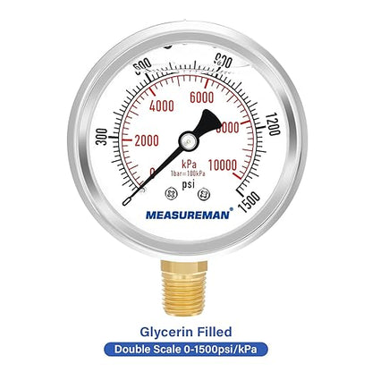 MEASUREMAN 2-1/2" Dial Size, Glycerin Filled Pressure Gauge, 0-1500psi/kpa, 304 Stainless Steel Case, 1/4" NPT Lower Mount
