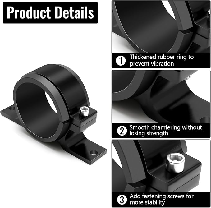 2 Pcs Universal Car Fuel Pump Fuel Filter Mounting Bracket Aluminum Clamp Holder with Rubber Insert, Black Hard Aluminum Anodized Accessories Suitable for Vehicle Fuel Oil Line (58 to 65 mm)