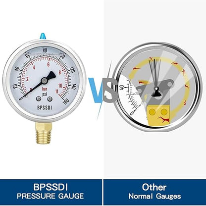 0-160 Psi Lead-Free Glycerin Liquid Filled Low Pressure Gauge, 2.5" Dial Size, 1/4" G Lower Mount, 304 Stainless Steel Case, for Water Pipe, HVAC, Water Oil Air Pressure Test