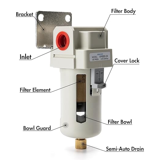 1/2" NPT Air Dryer for Compressor | Compressed Air Line Filter | 5 Micron Brass Element|Bracket, Poly Bowl, 145 psI