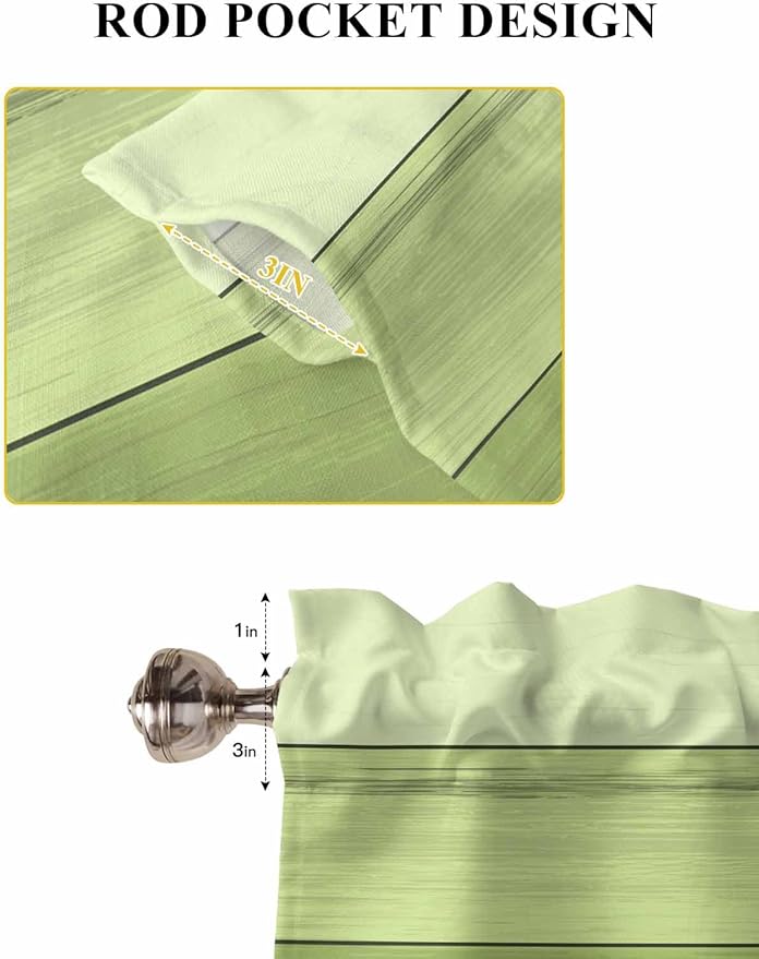 Gradient Green Wooden Board Window Valance Curtains, Retro Country Wood Grain Light Filtering Kitchen Valance with 3-inch Rod Pocket for Living Room Bathroom Bedroom,2 Panel,27.5x24In