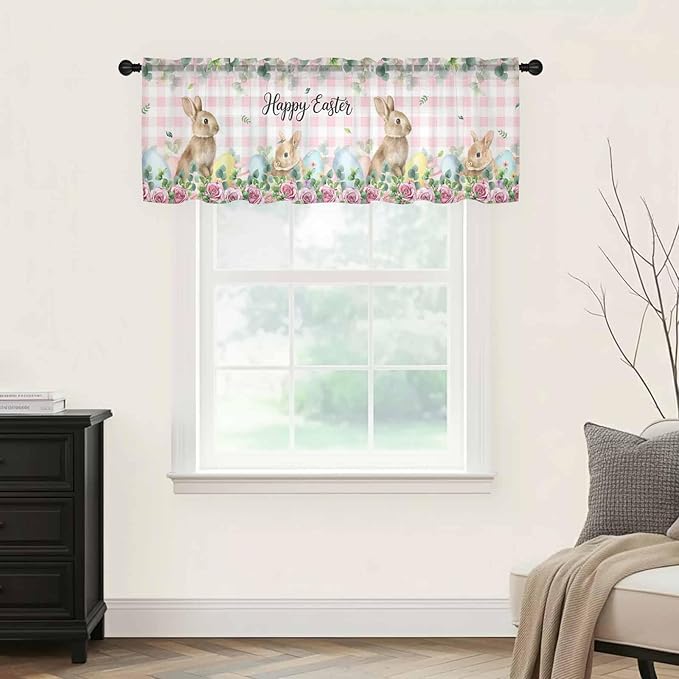 Easter Sheer Valances for Windows 42"x18", Light Filtering Kitchen Curtains Valance, Spring Watercolor Bunny Eggs Flower Leaf Pink Plaid Rod Pocket Chiffon Curtains for Living Room Bedroom Cafe
