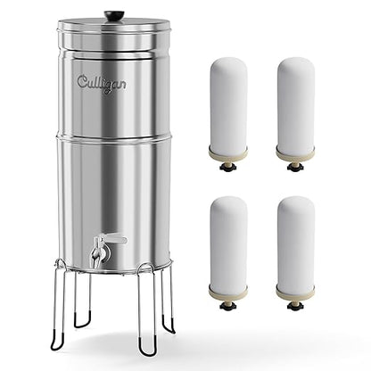 Culligan MaxClear 2.25 Gallon Gravity Water Filter System, Polished Stainless-Steel Countertop Water Filter NSF/ANSI Certified to Reduce Microplastics, Lead & Total PFAS, with 4 Ceramic Filters