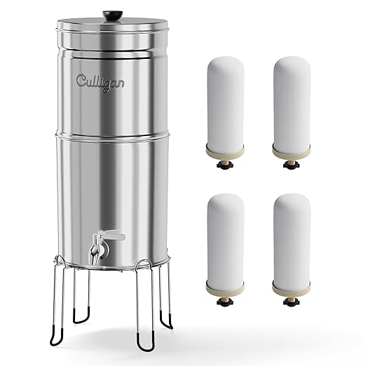 Culligan MaxClear 2.25 Gallon Gravity Water Filter System, Polished Stainless-Steel Countertop Water Filter NSF/ANSI Certified to Reduce Microplastics, Lead & Total PFAS, with 4 Ceramic Filters